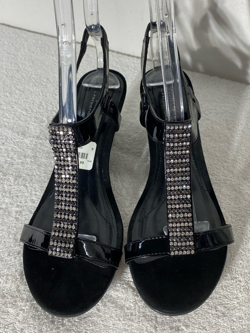 Comfort Plus by Predictions Black Embellished T Strap Low Wedge Sandals 8W